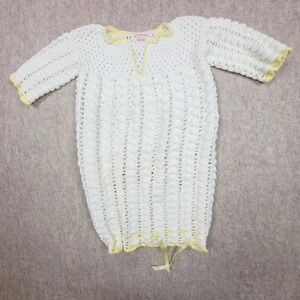 Handmade‎ crocheted baby gown with cinch ribbon v-neck white yellow trim